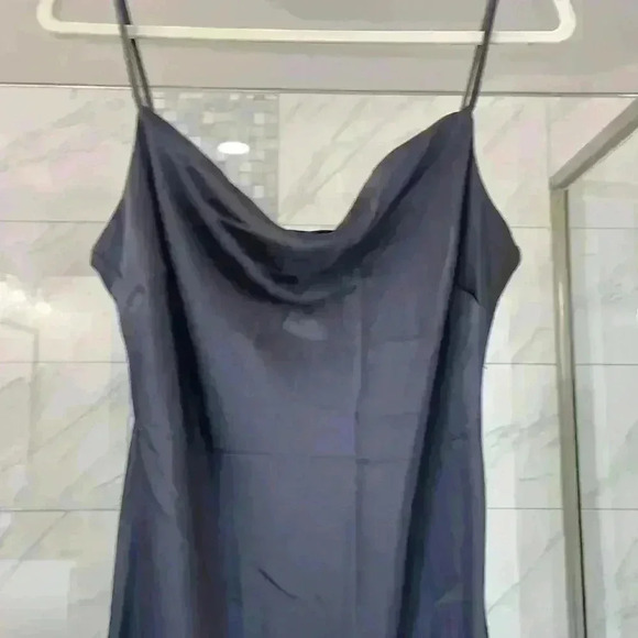 Express Charcoal Gray Satin Cowl Neck Front Side Slit Sleeveless Midi Slip Dress - Picture 3 of 12